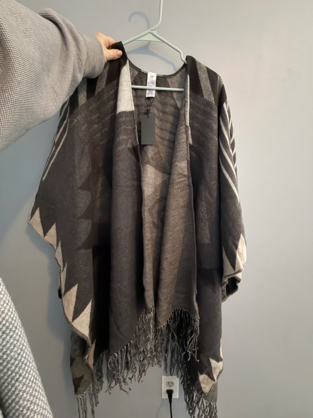 Fraas Gray and Cream Plaid Wrap with Fringe